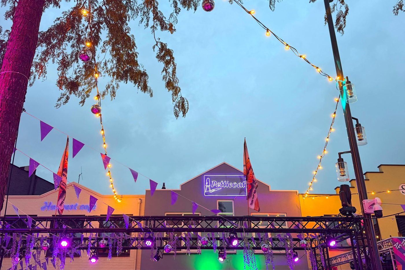 Terras met slingers en een discobal bij schemer
